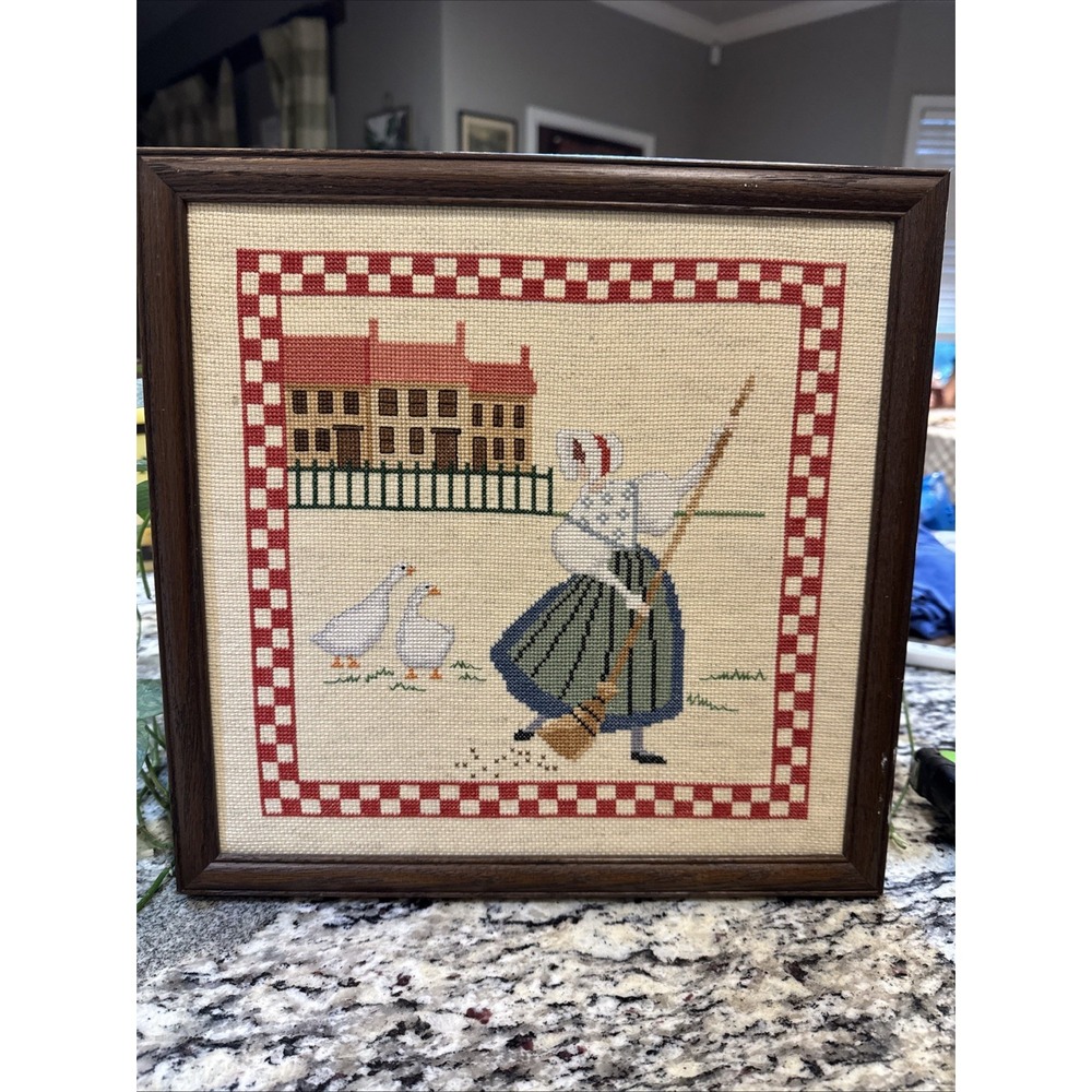 Cottage Core Framed Finished Needlepoint Geese In A Country Vintage 13 X 13